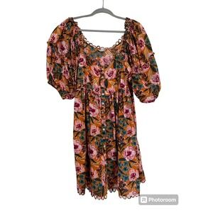 TOPSHOP LINEN ‎ FLORAL  SCALLOP ROSES DAISIES PUFF SLEEVE MINI DRESS SIZE 12